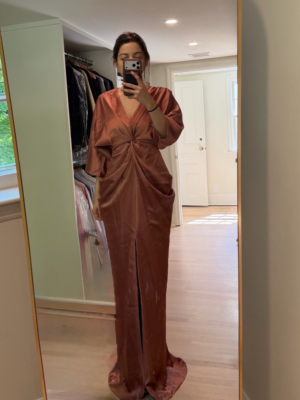 Amsale Copper Satin Twist-Front Maxi Dress